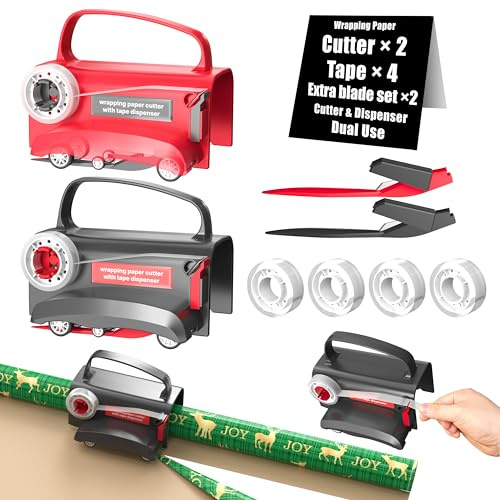 Wraprocut (2-pack) pappersskärare och banddispenser med 4 band, 2 ersättningsblad set för julklapp, pappersskärare verktyg för rullpapper