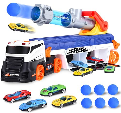 Herefun Transporteur Voiture Jouet Set, Camion de Course Pliable avec 4 Voitures, Grand Camion Véhicules avec Ejecteurs, Transporteur Véhicules Jouet pour Enfants 3 4 5+