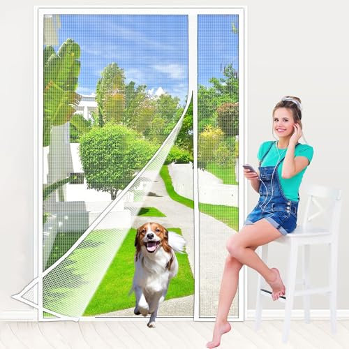 Zlhloj Tela Mosquitera MagnéTica Puerta de Dormitorio, 140x210 cm Corredera Cortina Malla Mosquitera Magnética Automático, Apertura Lateral Izquierda o Derecha Autosellante protege niños ‎Blanco