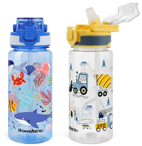 wooshwa Kids Water Bottle with Straw for School, 2 Packs 600ml/20 Oz Plastic Water Bottle with Silicone Spout and Pop-Up Cover, Leakproof & Dishwasher Safe (Excavator/Marine Animals)