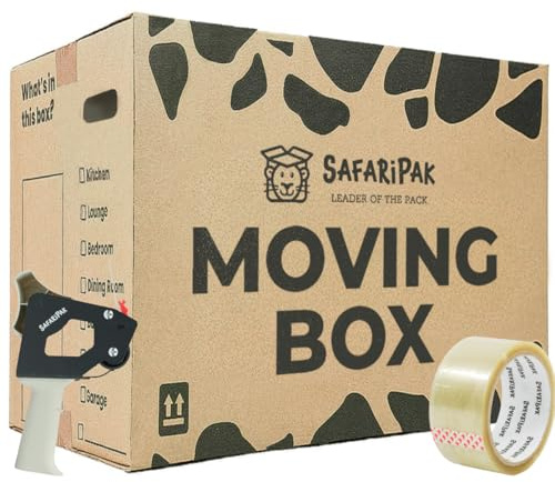 SAFARIPAK - 15 Pack Strong Large Reusable Cardboard Storage Packing Moving House Boxes 52cm x 30cm x 30cm with Carry Handles and Room List Checkboxes - 47 Litres Capacity - Inc. 66m Tape & Tape Gun