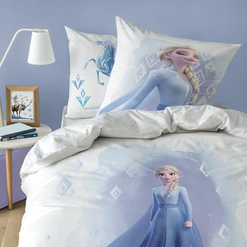 Disney Home Frozen 2 Element Bettwäsche für Kinder | 100 % Baumwolle | Öko-TEX | Bettbezug 140 x 200 cm + 1 Kissenbezug 63 x 63 cm | Mädchendruck | Weiß (Weiß, 140 x 200 + 63 x 63 cm)