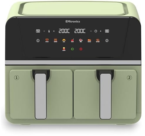 EMtronics 9L Dual Zone Air Fryer 2400W Family Size, 8 Preset Cooking Mode, Match Cook & Smart Finish Functions, 9 Litre - Sage Green