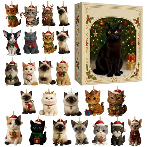 Christmas Countdown Advent - 2025 Cat Lovers Calendar, Acrylic Charm Decorative Tree Entryway Car Party Wreaths | Cute Kitten Pendant Giftt for Kids, Teens, Women, Men