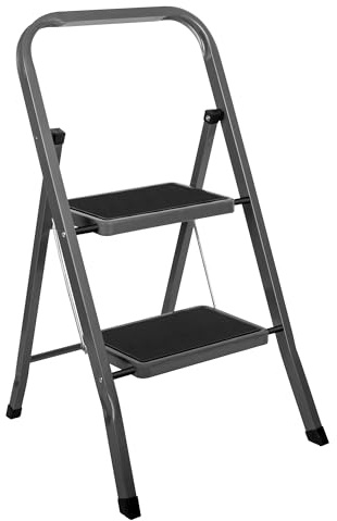 Futura Slimline 2 Step Ladder, Folding Step Stool, 150kg Capacity, Grey | Wide 30 x 20cm non-slip steps, 150kg capacity and compact folding design. Open size 80 x 46.5 x 50cm; folded 89 x 46.5 x 4cm.