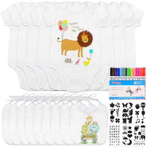 Tigvio Babybodys zum Bemalen Lätzchen zum Bemalen für Babyparty (16 Stück) | 8 Kurzarmbody und 8 Lätzchen mit 14 Bunte Textilstift 6 Schablonen für Babyparty spiele Babyshower Gender Reveal Geschenk