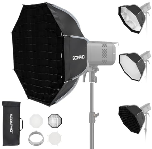 SOONPHO KS-65 25,6in/65cm Softbox Octágono Montura Bowens,Soft Box Kit Liberación Rápida con Difusor,Rejilla de Panal y Bolsa de Transporte,Compatible con Godox SK400IIIV,SK300IIV,MS300V,AD200PROII