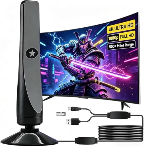 Indoor TV Aerial for Weak Signal Areas UK - 500+ Miles Digital TV Antenna with Smart IC Booster, 360° Omnidirectional Freeview Aerial, 10ft Cable, Suction Cup Base, 4K 1080P (Large) (Large)
