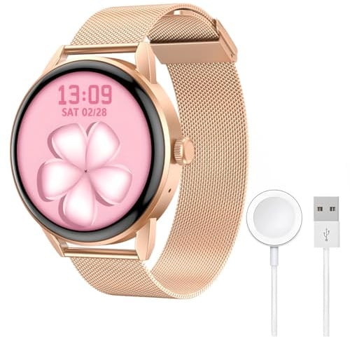 Deskium Reloj inteligente para mujer con pantalla redonda, llamadas inalámbricas y NFC, seguimiento de frecuencia cardíaca y oxígeno en sangre, podómetro de fitness de oro rosa, compatible con Android