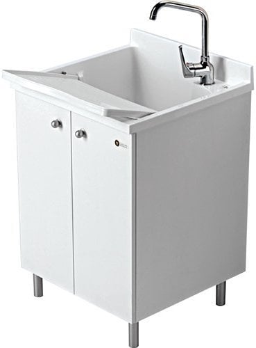 Mobile Lavatoio Interno Marca Arredamenti Montegrappa Look One 60X60 H85cm Economico Piedini Ripiano Salvagoccia Alluminio Struttura Legno Nobilitato Bianco Asse Vasca Termoplastico Lavapanni Pomello