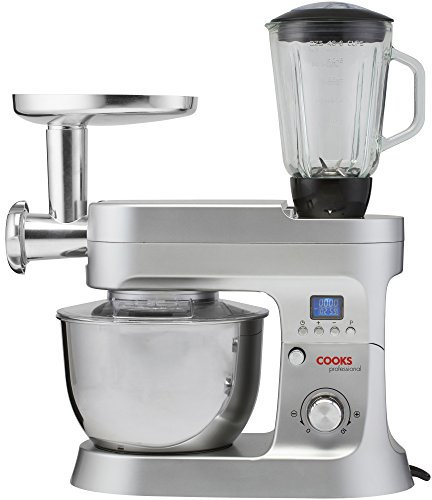 Cooks Professional Stand Mixer & Mincer 1200W | Electric Food Mixer with Pulse Setting | 6.2 Litre Stainless Steel Bowl | Blending Jug, Dough Hook, Whisk, Beater & Splash Guard | Silver