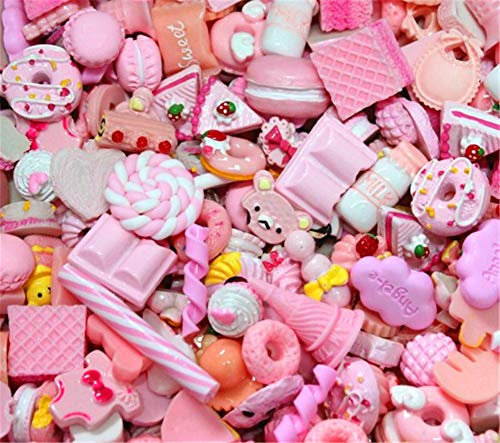 Random 30pcs Cute Candy Resin Charms Beads Fruit Dessert Ice Cream Plastic Slices Flatback Buttons for Handcraft Accessories Scrapbooking Phone Case Decor Baby Pink