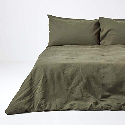 Homescapes 3-teiliges Leinen-Bettwäsche-Set olivgrün, 1 Bettbezug 240x220 cm & 2 Kissenbezüge 80x80 cm aus 60% Leinen und 40% Baumwolle
