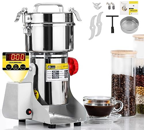 CGOLDENWALL LED Anzeige Elektrische Getreidemühle 800g Schaukeltyp Getrocknete Gewürze Kräuter Getreide Kaffee Mühle, Schnelle 28000RPM/ 2400W Motor mit Timer, Überlastschutz(Schaukeltyp)