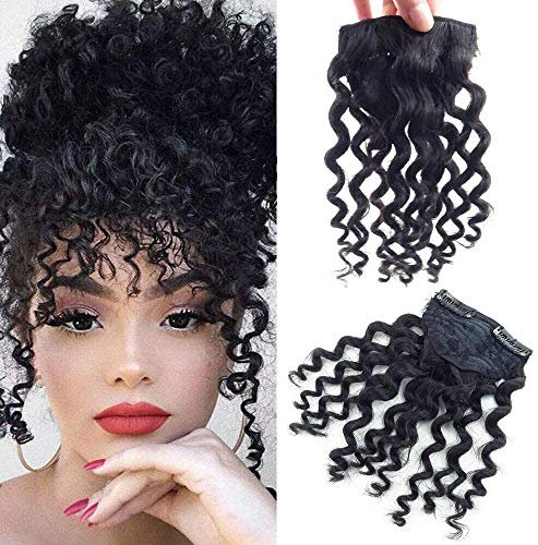 20,3 cm lange Pony-Haarverlängerung, 23 g, Afro-Flocken-Clip in Topper, 100 % Echthaar, mit Pony, natürliches Schwarz