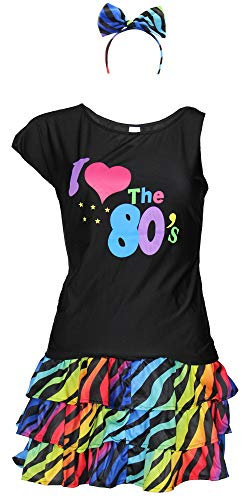 80er Jahre Damen KostÙm - buntes Tutu Haarreif und schwarzes neon Shirt - Gr__e S-XXL - Ballet Fasching Karneval TÙll Rock kurz, Gr__e:L