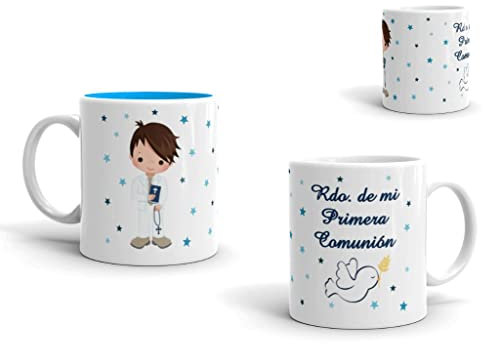 CAPRILO. Lote de 5 Originales Tazas de Cerámica para Desayuno Primera Comunión (A Elegir). Recuerdos. Vajillas. Regalos para Fiestas de Cumpleaños, Bodas, Bautizos y Comuniones.DC (NIÑO AZUL)