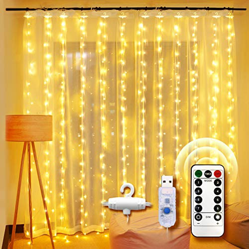 UNBON Guirlande Lumineuse Rideau, 3M*3M Rideau Lumineux 300 LED 8 Modes d'Éclairage Rideau de Lumière USB Blanc Chaud pour Décoration de Noël Intérieur Extérieur Fenêtre Fête Mariage Anniversaire