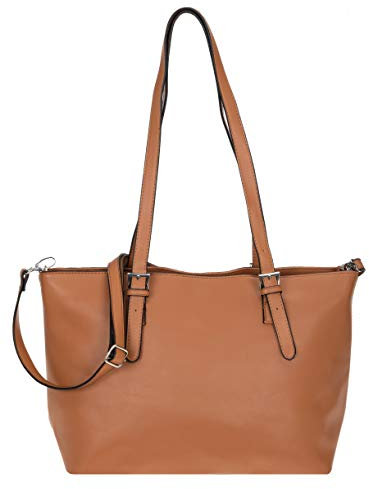 Alessandro Salvatore Handtasche Damen Shopper Schultertasche A4 Tasche Umhängetasche Kunstleder Büro Freizeit Arbeit Schule bag 5732 + Schlüßelmäppchen (Cognac)