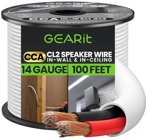 GearIT 14/2 Speaker Wire (100 Feet) 14 Gauge (Copper Clad Aluminum) - Fire Safety In Wall Rated Audio Speaker Wire Cable / CL2 Rated / 2 Conductors - CCA, 100ft