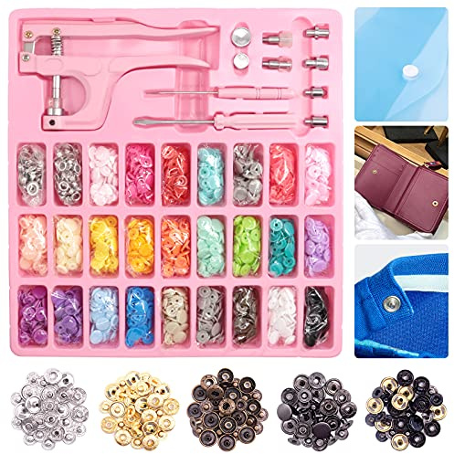 Glarks - Set di 260 bottoni a pressione in plastica e metallo, con pinze a scatto, 250 pezzi, rotondi, cuori e stelle, in plastica, con 10 bottoni automatici in metallo per vestiti, cucito, bavaglini