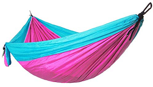 HNGM Hängematte Einzelne doppelte Hängematte Erwachsene Rucksack Rucksack Reise Schlafsbett Tragbare Karabiner Camping (Color : Blue and Pink)