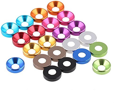 Liovns Mdingbao-Flache Unterlegscheiben M2 M2.5 M3 M4 M5 M6 Bunte eloxierte Aluminium-Flache Kopf-Senkkopf-Kopf-Schraub-Scheibe-Dichtung Bunte Aluminiumwaschmaschine, 20pcs, Korrosion und langlebig