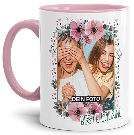 Keramik Tasse - Beste Cousine - mit Foto selbst gestalten - Geschenk für die beste Cousine, Geburtstag, Weihnachten I Personalisiert, Rosa, 300 ml
