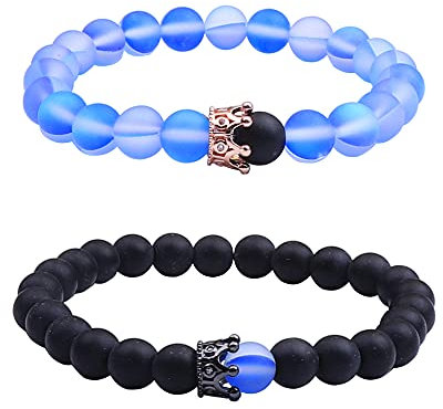 UEUC King&Queen Crown Distance Paar Armbänder His Hers Schwarz Matt Achat 8mm Perlen Armband(79)