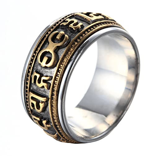 HIJONES Herren Edelstahl Vintage Buddhistisches Tibetisches Mantra Om Mani Padme Hum Gebet Rotierbares Schwarzes Gold Größe 60