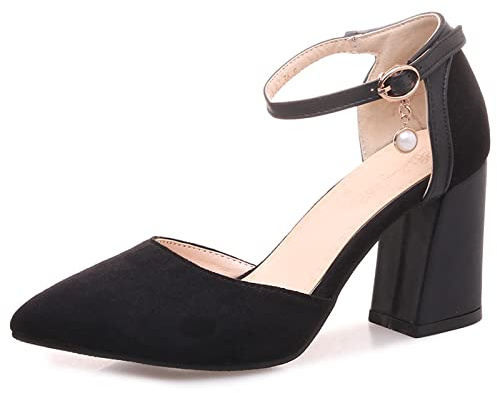 Bviennic Donna Appuntito Estate Con Cinturino Alla Caviglia Tacco A Blocco Sandali Eleganti Serata Moda Closed Toe Vestito Prom Scarpe Nero/7Cm Numero 34 Eu