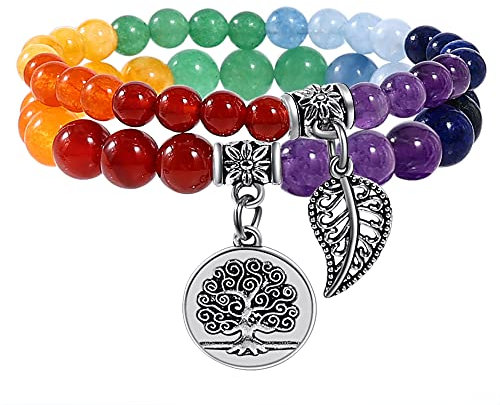Farfume Bracelet En Pierre Naturelle - Bracelet Perles Naturelles Femme-Ensemble De Deux Bracelets Avec Accessoires Arbre De Vie Et Feuille(Moyen 18,5 cm Les 7 nouvelles pierres (Équilibre Intérieur))