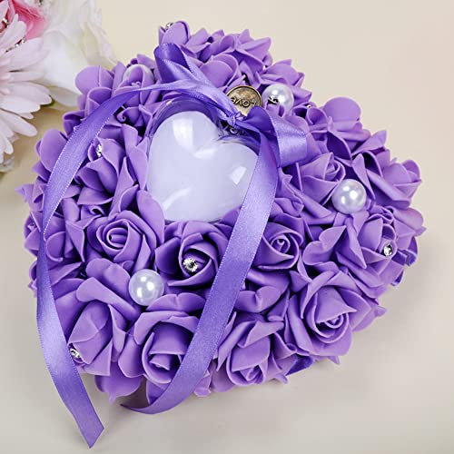 Ringkissen Hochzeit, Ringbox Hochzeit, Romantic Rose Band Herzform Ring Kissen Box mit feinem Strasssteinchen und Schleife Kissen für Hochzeitsringe für Eheringe Verlobung, 7 Farben, 18*17cm,Violett
