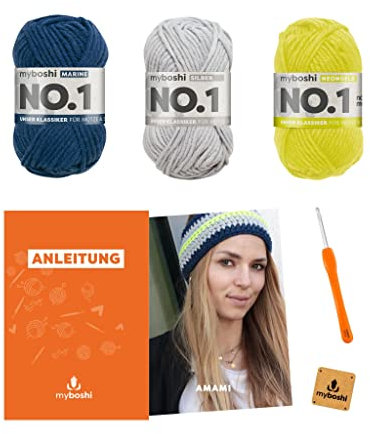 myboshi Häkelset Stirnband Amami, inkl. No.1 Wolle, Nadel und Anleitung, für Mützen und Stirnbänder, Häkelpaket, 30% Merinowolle Neongelb, mit Häkelnadel