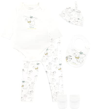 Disney Baby Dumbo Bodysuit mit Hut und Latz Outfit 5-teiliges Set für Jungen und Mädchen 80 Weiß