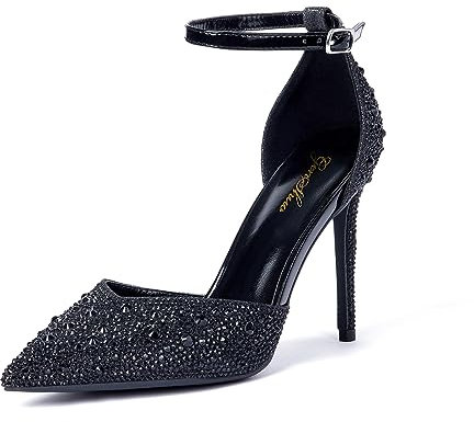 Zhabtuc Scarpe con Tacco Alto 10 cm da Donna, Eleganti Décolleté con Strass Scintillanti, Cinturino alla Caviglia, Strass Nero, 41 EU