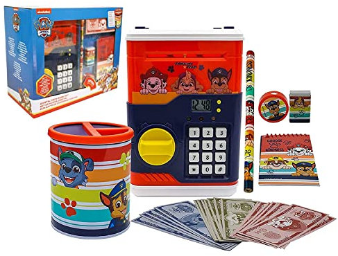 HOVUK 30Pcs Paw Patrol Piggy Bank for Boys Ages 3-12 | Money Safe Bank with Stationery| Electronic Password Money Box for Kids | Birthday Gifts for Boys