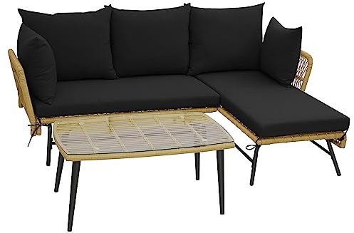 COSTWAY 3 Pieces Rattan Garden Furniture Set, L Shaped Patio Conversation Set with Cushions, Lounge & Tempered Glass Table, Outdoor Sectional Corner Sofa Set for Yard, Poolside and Lawn (Black)