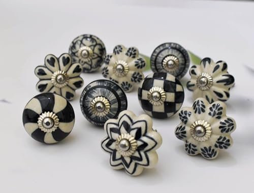 ARTISNO Ceramic Black and White Knobs Kitchen Cabinet Drawer Knobs Hardware Knobs Handmade Knobs Cabinet Knobs Ceramic Door Knobs. Set of 10 (Design b)