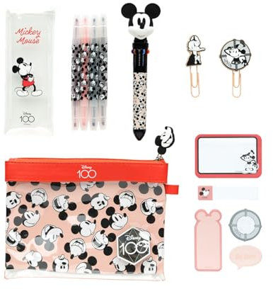 Grupo Erik: Set Cancelleria Topolino | Kit di Cancelleria Disney Mickey Mouse con Penna multicolore 10 colori, 4 Evidenziatori, Clips, Note adesive e Astuccio Mickey Mouse, Licenza Ufficiale