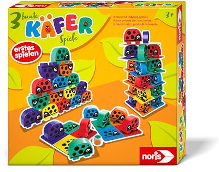 Noris 606012047 - 3 bunte Käfer-Spiele (Kinderspiel ab 3 Jahre) - 36 witzige Käfer Bausteine mit 3 Spiel-Ideen zum Stapeln, Bauen & Farben-Zuordnen, Spielzeug für Kinder