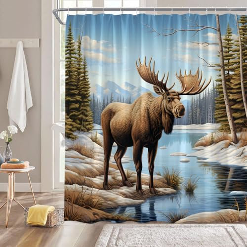 ZNLSU Wald Elch Duschvorhang Kabine Wildtier Elch Hirsch Elch Baum Rustikal Bauernhaus Natur Landschaft Badezimmer Dekor Stoff Badezimmer Sets mit Haken