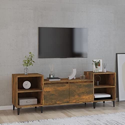 Coavain Mobile TV Rovere Fumo 160x35x55cm in Legno Multistrato - Porta TV da Terra Basso Con Mobiletto a Giorno