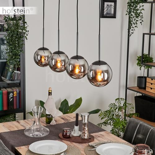 Hängeleuchte Gastor, Hängelampe aus Metall/Glas in Schwarz/Chrom/Rauchfarben, Leuchte im modernen Retro/Vintage-Design mit Schirmen aus Glas (Ø 15 cm), Höhe max. 149 cm, 4 x E14, ohne Leuchtmittel