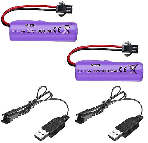 AMZZN 2 pièces 3,7V 1000mAh SM-2P fiche Lipo Batterie avec Chargeur USB adapté pour TB202 TB201 TM201 TM202 TC141 DE35 DE38 DE40 DE50 véhicule télécommandé, Camion, Batterie du véhicule Stunt