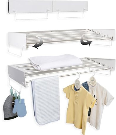 Zentuary Home Wall Mounted Clothes Airer – 80cm Retractable Drying Rack with Towel Rails, 3 Hangers & 6 Pegs – Plasterboard Wall Plugs & Screws Included – Space-Saving Indoor/Outdoor Laundry Dryer
