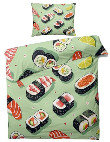 MOBEITI Japanische Bettwäsche 135x200, Japan Style Sushi Wendebettwäsche, Weiche Kuschelige Mikrofaser Bettbezug Set 2teilig, 1 Kissenbezug 80x80, mit Reißverschluss - Asiatische Motive 29