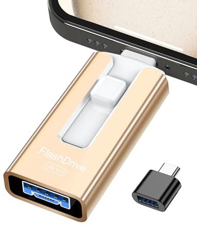 GNASEET USB Stick 256GB für Phone, 4 in 1 USB Speicherstick für Phone/Pad/Android Handy/PC, USB 3.0 Memory Stick High-Speed Flash Laufwerk, Phone Externer Speichererweiterung Fotostick, Gold