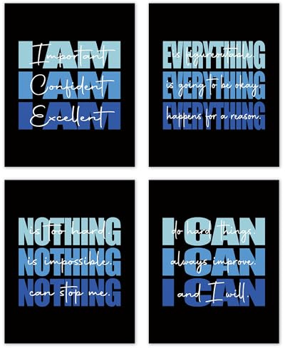 TLESKE Blue and Black Inspirational Posters Prints Unframed Set of 4, Preppy Motivational Wall Art Prints Decor for Office Teen Boys Dorm Room Bedroom Playroom, Positive Affirmations Pictures Wall Decor, 8x10