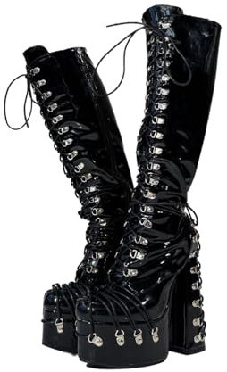 Frankie Hsu Goth Sexy Chunky Platform Knee High Heel Lace Up Boots, Nero Vernice Argento Multi Fibbia Gotica, Punk Y2K Hot Girl Big Large Size Largo Vitello Scarpe Lunghe per Donne Uomini, nero, 45.5